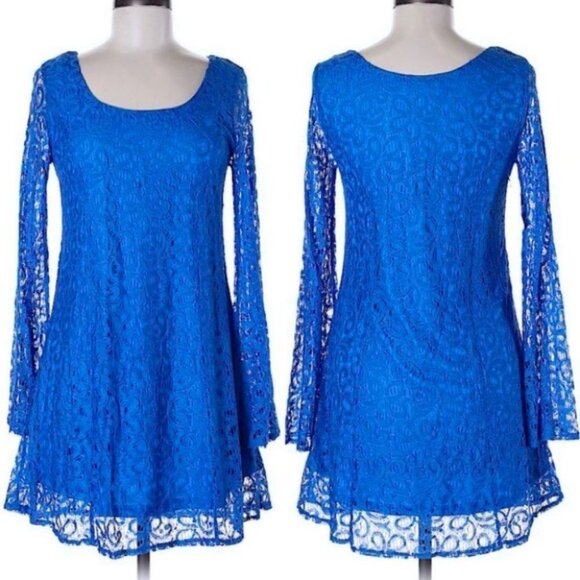 Umgee Bohemian Long Bell Sleeve Mini Dress Blue Lace Size Medium Hippie Boho M - Picture 11 of 11